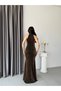 Brown Draped Halter Neck Evening Dress with Stones - 7