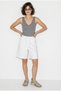 Women's White Elastic Waist Tie Pocket Detailed Cotton Linen Shorts Yp5326 60286281 - 4