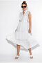 Women's White Flounce Sleeves High Collar Lined Midi Brode Dress 2800 60286349 - 3