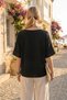 Women's Alaçatı Black Wide Collar Low Sleeve Skirt and Linen Blouse with Mesh Detail on the Sleeves and Floral Appliqué - 3