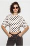 Women's Cream Brown Crew Neck Polka Dot Patterned Waist Fitted Short Sleeve Blouse 2363 60286356 - 2