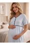 Women's Blue Navy Blue Ribbed Adjustable Waist Elastic 3-Piece Maternity Pajama Set with Dressing Gown - 6