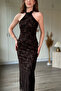 Neck Tie Jacquard Tulle Midi Brown Dress - 3