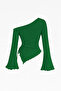 Women's Green Long Spanish Sleeve Asymmetrical Neckline Side Tie Draped Blouse - 2