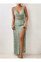 Women's Rope Strap Double-Breasted Collared Patterned Single Jersey Crop Blouse and Slit Long Skirt Two-Piece Set - 3