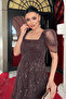 Full Beaded Fabric Square Neck Midi Dress - Dark Brown - 3