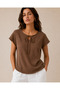 Women's Slit Detailed Lace-Up Collar Comfortable Fit Blouse