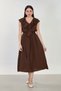 Women's Long Dress with Ruffles on the Front - Brown