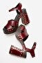Women's Thick Platform Heeled Clogs Sandals Real Leather Zy 4132 Bordo - 5