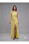 One-Shoulder Satin Look Draped Detailed Slit Evening Dress 10563