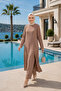 Women's Pearl Embellished Beige Tunic-Pants Two-Piece Set - 3
