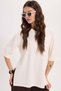 Women's Oversize Wide Cut Lycra T-Shirt with Slit Detail, Short Sleeve, Crew Neck, Ecru - 5
