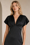 Women's Satin Fabric Draped V-Neck a Line Cut Black Midi Evening Dress 77167 - 2
