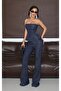 Women's Navy Blue Stoned Jean Strapless Trouser Set