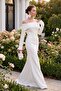Women's White Boat Neck Long Sleeve Promise Engagement Wedding Evening Dress - 5