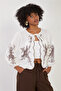 Women's Floral Embroidered Tie-Back Blouse - White/Coffee - 2