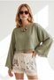 Women's Khaki Boat Neck Tassel Detailed Crinkle Blouse Blz-19003414 - 3