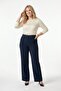 Women's Navy Blue Large Size Crepe Trousers Palazzo Elastic Waist Full Lycra Stretchy Pocketless Button Detail Oversized Wide Leg