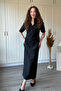 Shirt Collar Draped Midi Poplin Black Dress