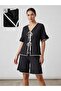 Open Collar Wrinkled Fabric Black Pajama Set with Shorts