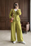 Lace Detailed Tie-Front Double Set with Strawberry Fabric Trousers - Oil Green
