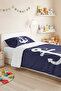Navy Blue Anchor Youth Room Single Pique Set - Nautical 160X220 cm Quilted Bedspread - 6