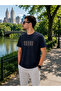 Men's Printed Crew Neck Navy Blue Loose T-Shirt