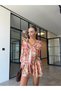 Women Ethnic Floral Print Wide Sleeve Shirt Collar Tie Kimono Crop Top and Shorts Set 8049 - 6