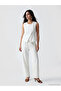 White Elastic Waist Linen Blend Women's Trousers - 8