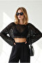 Women's Black Sequined Openwork Crop Knitwear Blouse Blz-19003423 - 3
