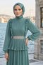 Chiffon Green Stone Belted Pleated Hijab Evening Dress 5690Cy - 2