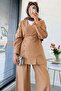 Premium V-Neck Side Buttoned Linen Trouser Suit - Camel - 7