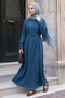 Belted Buttoned Petrol Blue Ferace Dress - 2