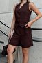 Brown 4-Button Vest-Pocket Shorts Women's Bottom-Top Linen Set - 4