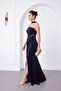 Women's Navy Blue Strapless Collar Slit Long Glitter Evening Dress - 2