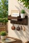 1 Solid Wood Wall Key Holder Organizer Shelf Entryway 6 Metal Hooks Basket Rustic Brown
