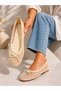 Women's Beige Bow Detailed Mesh Ballerinas Daily Gift Ballerinas Stc1320
