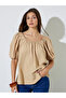 Beige Puff Sleeve Blouse with Square Neck