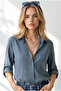 Women's Petrol Blue Sleeve-Fold Linen Shirt Gml-19000825 - 3