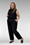 69014 Large Size Double Tensel Pants with Elastic Waist and Pockets - Black - 2