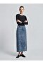 Milo Stitched Asymmetrical Cut Hem Tassel Detail Long Denim Skirt - 4