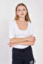 Women's Deep Neckline Short Sleeve Bodysuit - White - 3