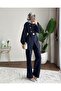 Women's High Collar Button Detailed Belted Trouser Suit - Navy Blue