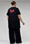 68510 Large Size Modal T-Shirt with Front Print and Ribbed Details - Black - 5