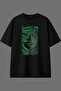 Green Women's Design Front Printed Black Oversize T-Shirt