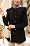Double-Layered Ruffled Collar, Buttoned Waist, Lace-Up Linen Look Tunic - Black