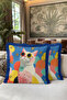 Colorful Cat Figured Pop Art Fringed Pillowcase - Fun Pink Navy Blue Tassel Throw Pillow Cover - 4