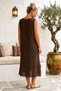Brown Pool Collar Sleeveless Double Pocket Washable Dirty Stitched Casual Muslin Long Woven Dress 120 62 - 6