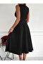 Women's Zero Sleeve Strap Imported Crepe Fabric Double Breasted Collar Flared Bell Model Midi Length Dress - 2