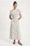 Women's Jeanne Boat Neck Draped Polka Dot White Woven Midi Dress